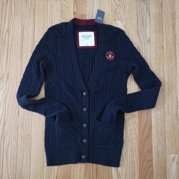 NWT Womens Abercrombie Vintage Cardigan Sweater Cotton Blend Navy Cable Knit Y2K - Picture 1 of 4